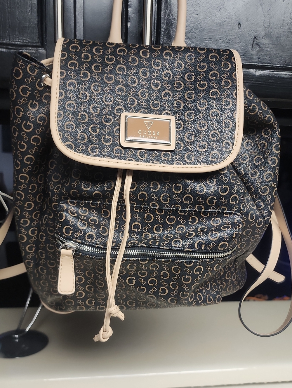 Guess Monogram Black and Beige Logo Backpack